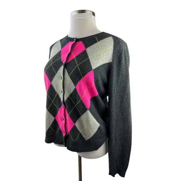 Apt.9 Cashmere Cardigan Sweater Gray Argyle Diamond Button Up Women's Size XL - Picture 5 of 16